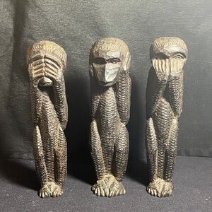 Vtg 3 Wise Monkeys Carved Ebonised Wooden Statues Hear See Hear Speak No Evil